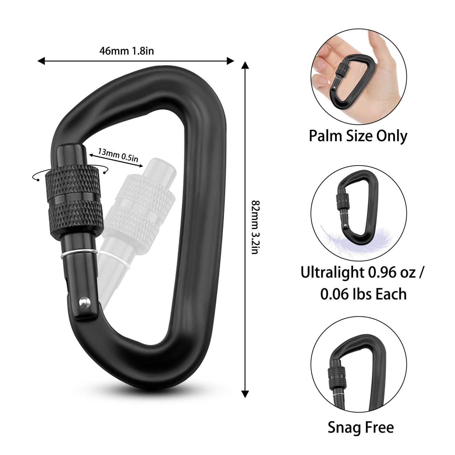 Intirilife 4er Set Schwerlast Karabiner 12 kN in Schwarz - 8.2 x 4.6 x 1.5 cm - D-förmiger Schraubkarabiner Haken für Outdoorsport, Camping, Wandern, Klettern, Hundeleine, Reisen, Schlüsselanhänger