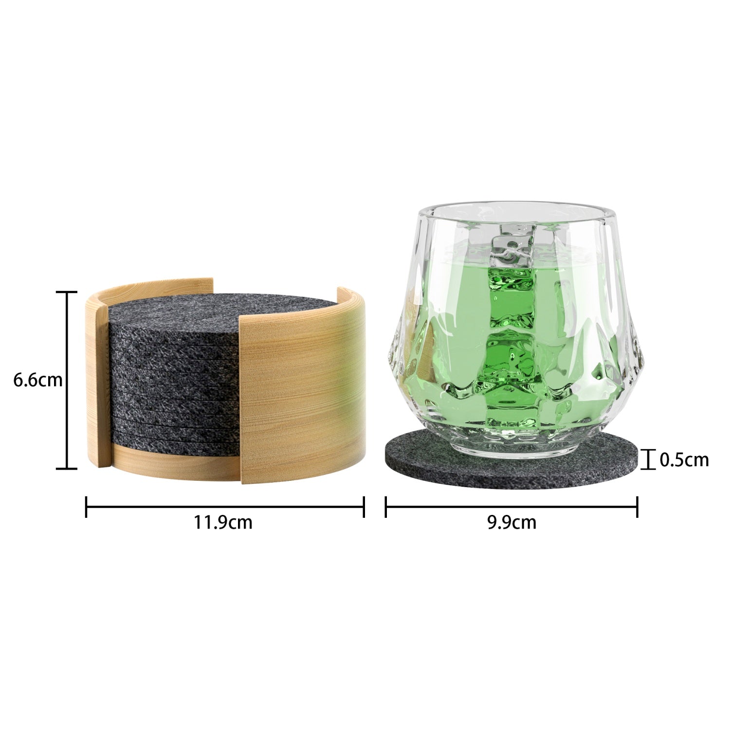 Intirilife 10x Untersetzer aus Filz mit Holzhalterung in Dunkel Grau - Untersetzer 9.9 x 0.5 cm - Halterung 11.9 x 6.6 cm - Glas Getränke Flaschen Untersetzer für Tassen Schüsseln und mehr