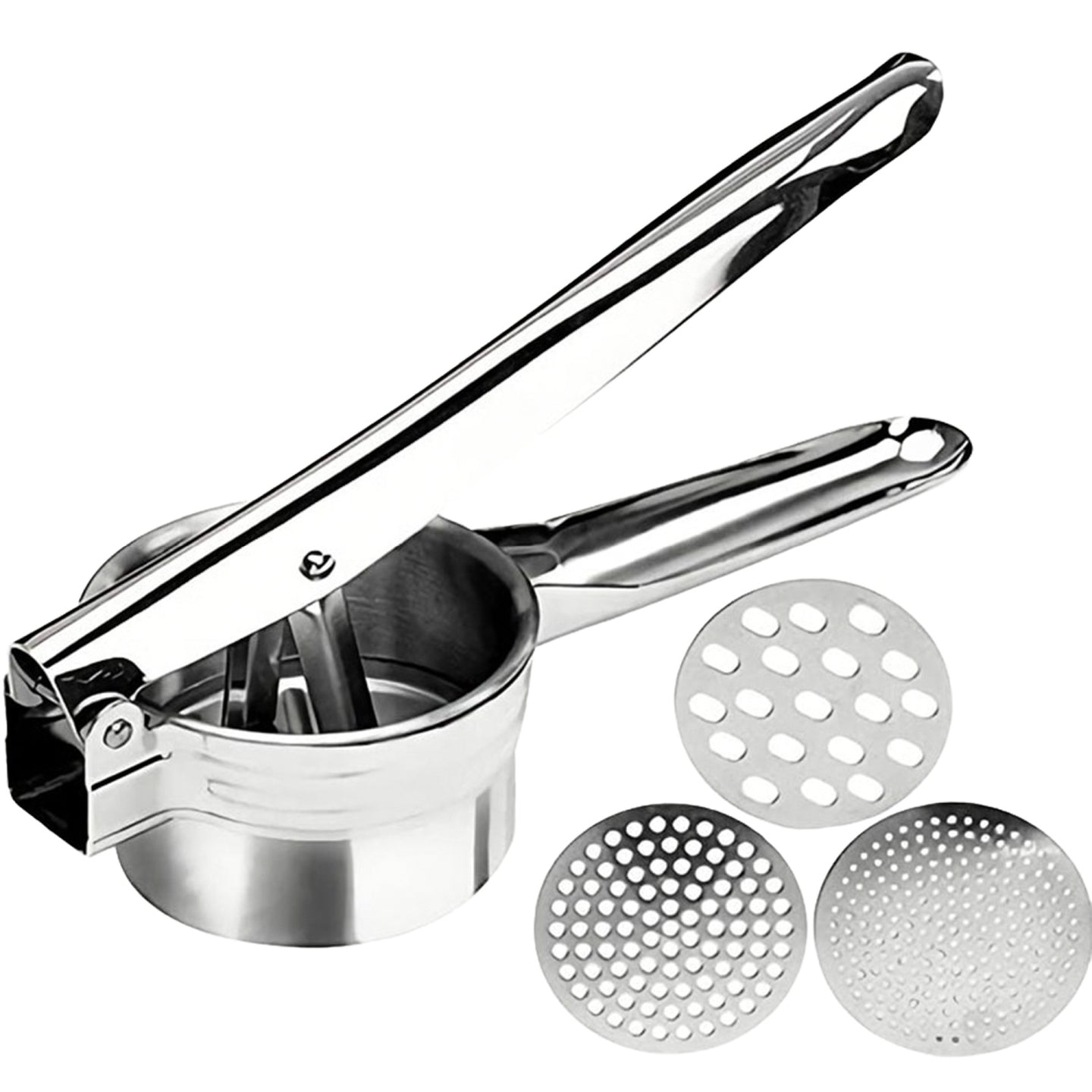 Intirilife Kartoffelpresse Spätzlepresse aus Edelstahl in Silber - 26.6 x 9.3 x 6.8 cm - Kartoffel Stampfer Presse Sieb für Obst Gemüse Spätzle Spaghettieeis