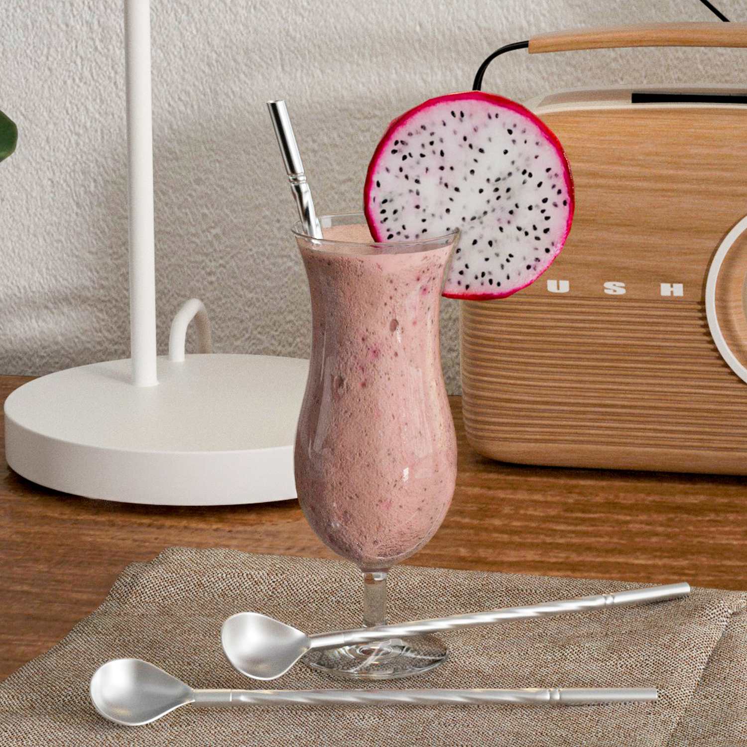 Intirilife 8x Strohhalmlöffel aus Edelstahl in Silber mit 19 cm Länge, 2 schmale Bürsten zum Reinigen und eine Aufbewahrungstasche aus Leinen - Für Getränke Latte Macciato Eis Kaffee Kakao