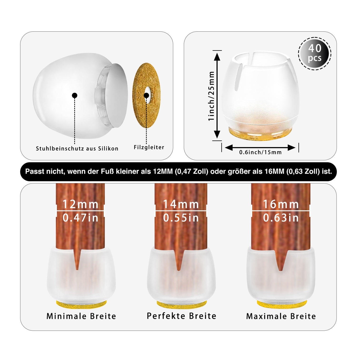 Intirilife 40er-Set Stuhlfußkappen Tischbeinabdeckungen in Transparent - Braun für 12 - 16 mm breite Stuhlbeine - Zum Schutz von Möbeln Fußboden und Oberflächen