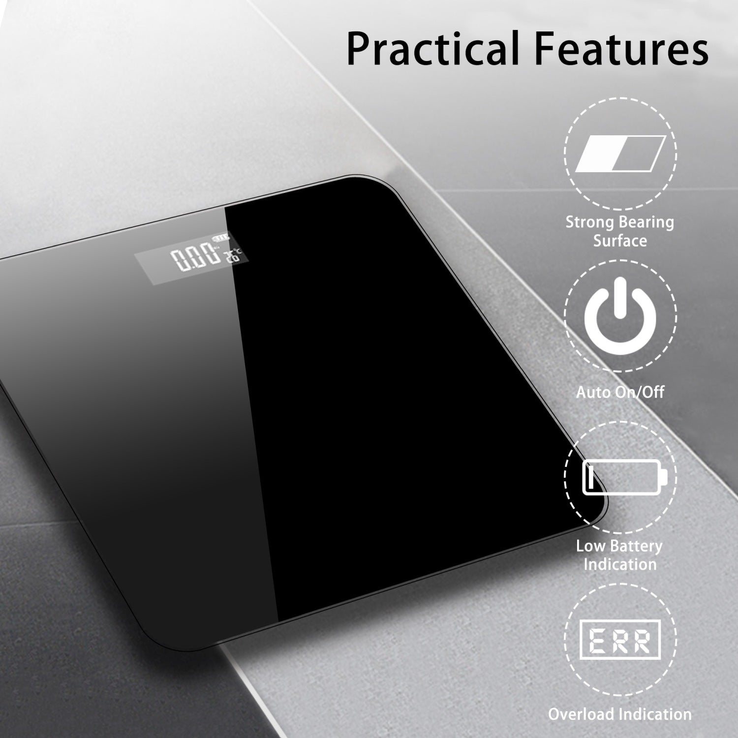 Intirilife Digitale Personenwaage – Körperwaage aus Sicherheitsglas, großes LCD, Step-On, Auto On/Off, Überlast- & Batteriewarnung, rutschfest – Flaches Design für Bad/WC, Schwarz, inkl. Batterien