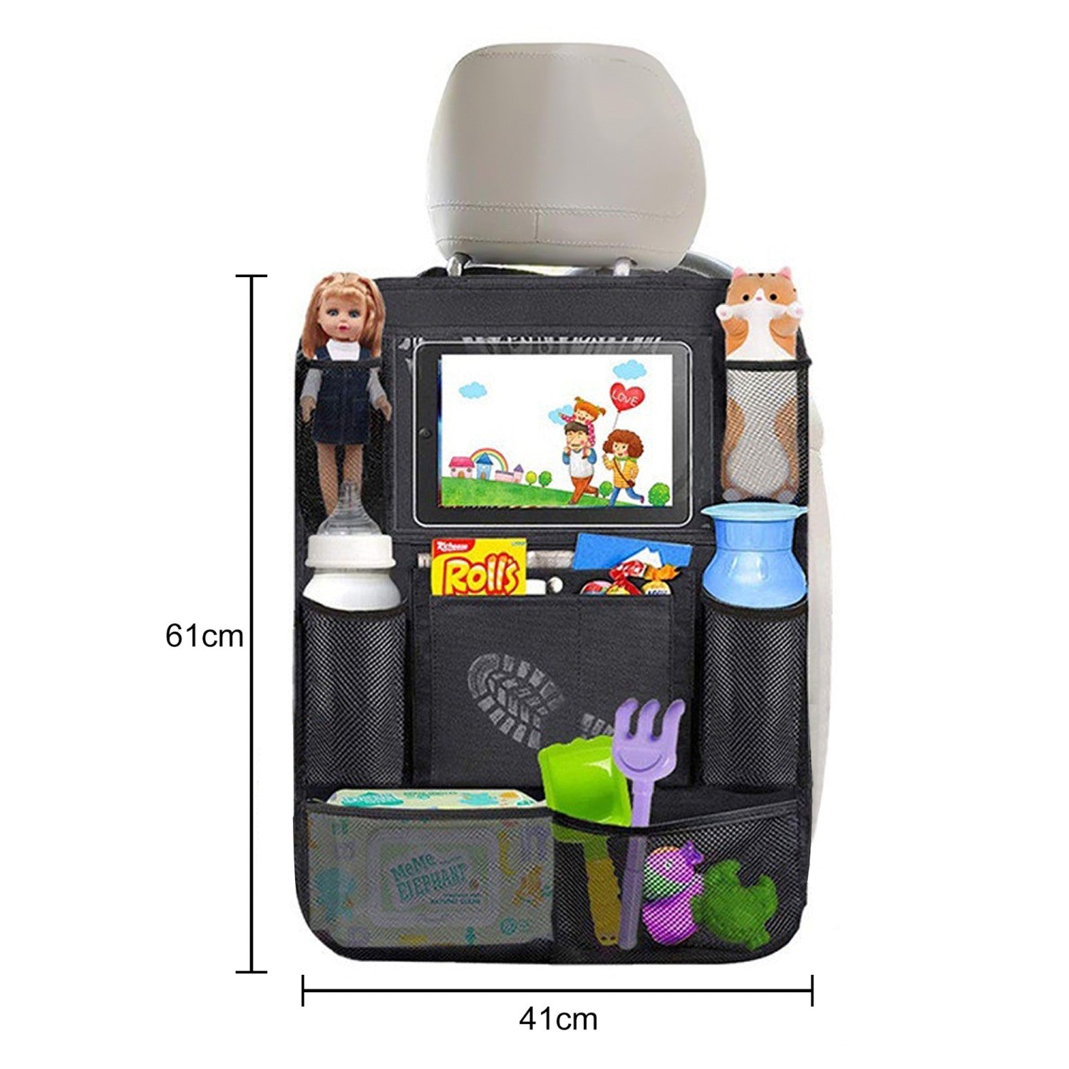 Intirilife Aufbewahrungstasche für Auto Rücksitz aus Polyester in Schwarz - 41 x 61 cm - Organizer für Rückenlehne mit Taschen Fächern und Tablethalterung Wasserabweisend