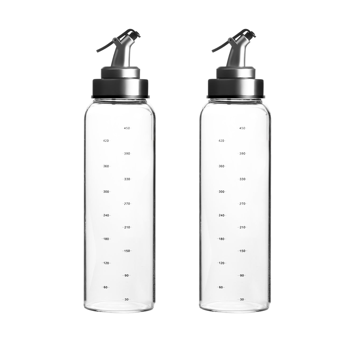 Intirilife 2-teiliges Ölspender Set Essig und Öl Flaschen aus Glas mit 450 ml Füllmenge - Öl Essig Spender Flasche Zubehör für portionsgerechtes Ausgießen