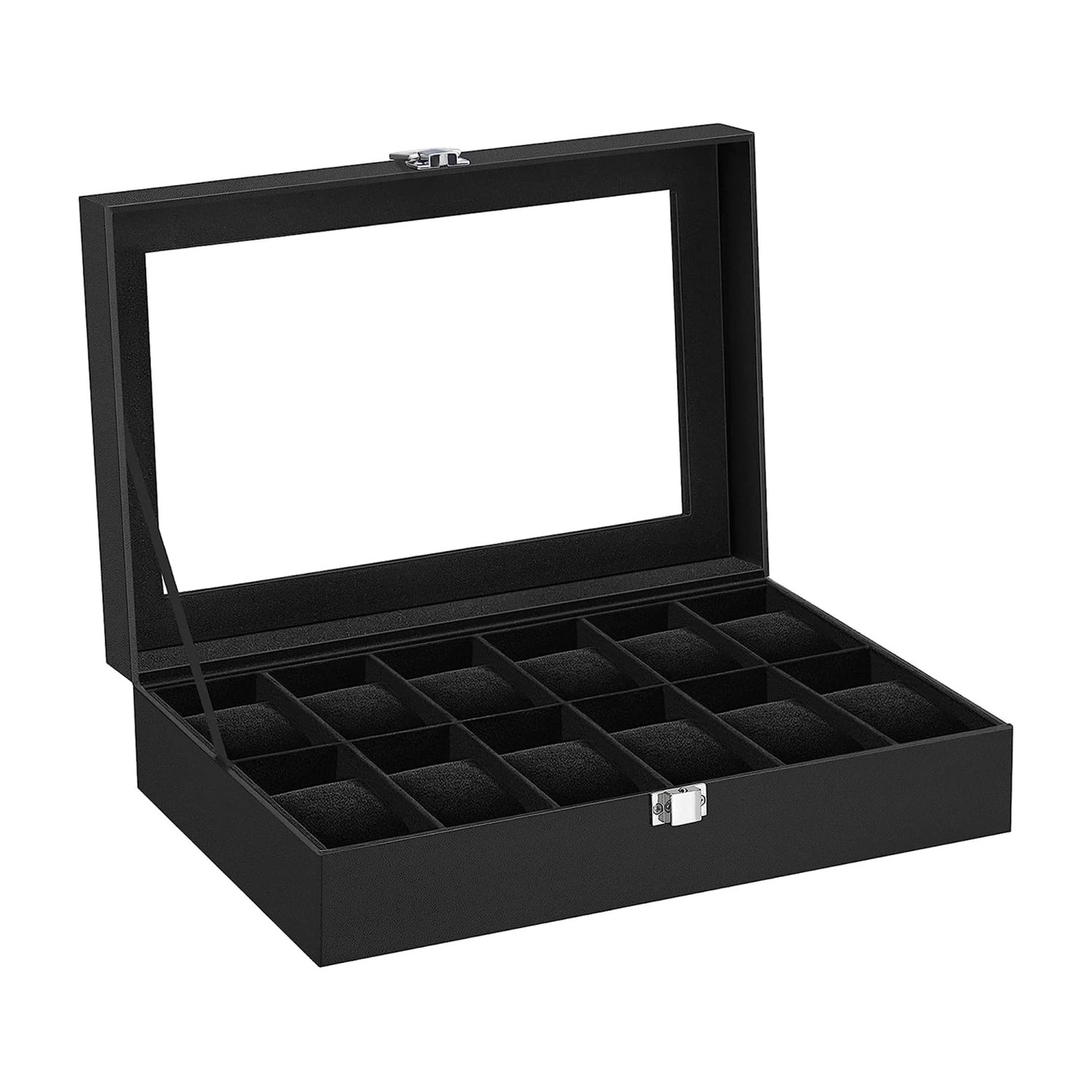 Intirilife Uhrenschatulle mit 12 Steckplätzen Uhrenbox mit Glasdeckel in Schwarz - 30 x 20 x 8 cm - Präsentiervitrine zum Aufbewahren Transportieren und Vorführen von Uhren und Schmuck