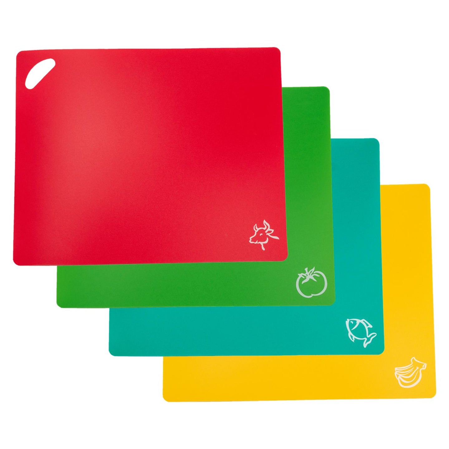 Intirilife 4x Schneidebretter flexible Schneidematte in bunten Farben - 37.8 x 30.2 cm - Größe mit Lebensmittelsymbol - Rutschfeste BPA-freie Küchenunterlage für jede Situation