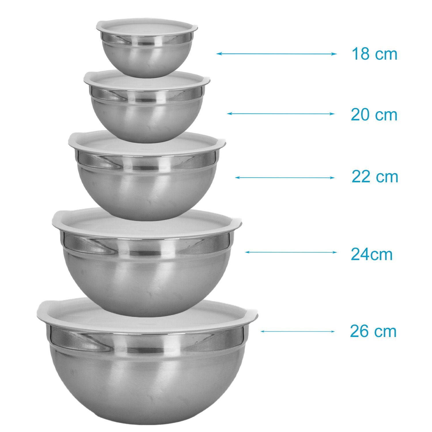 Intirilife 5-teiliges Schüssel Set Rührschüsseln mit Deckeln aus Edelstahl - 18 x 9.5 / 20 x 10 / 22 x 11 / 24 x 12 / 26 x 12.5 cm - Salatschüssel Servierschüssel stapelbar spülmaschinengeeignet