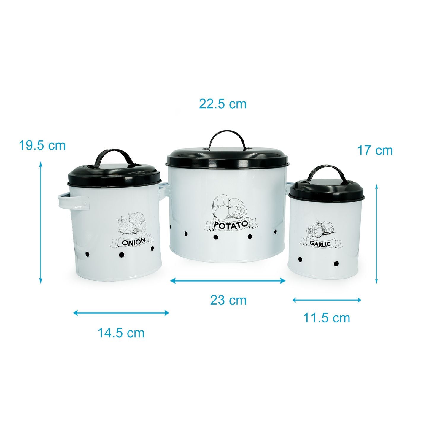 Intirilife 3er Set Vorratsdosen mit Deckel und Beschriftung in Weiß - Grau - 11.5 x 17 / 14.5 x 17.5 / 23 x 26.5 cm - Aufbewahrungsdosen aus Metall 3 Größen zur Lagerung von Kartoffeln Zwiebeln Gemüse