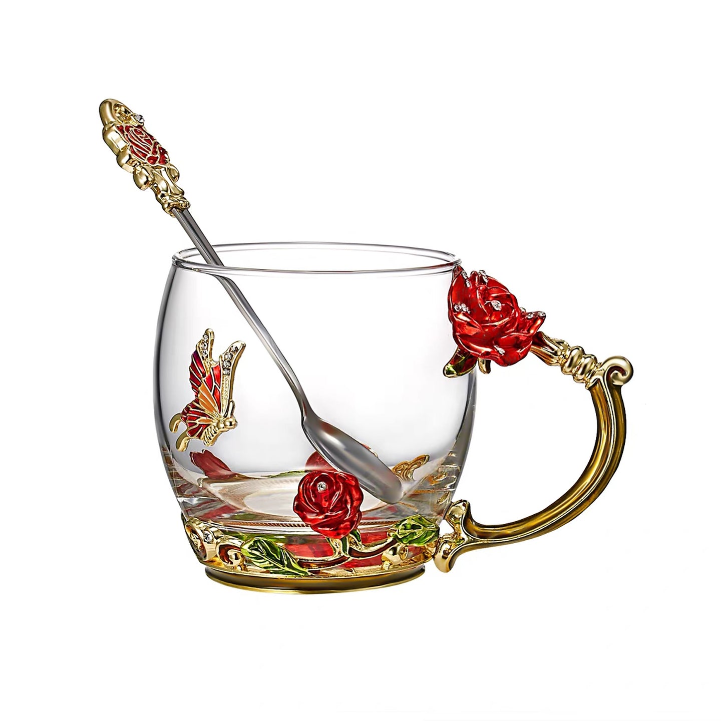 Intirilife Schmetterling Teetasse Blumentasse Kaffeetasse 250 ml aus hitzebeständigem Glas Set mit Löffel in Gold - Rot - Lila - Perfektes Geschenk zum Muttertag, Geburtstag, Hochzeit, handgefertigt