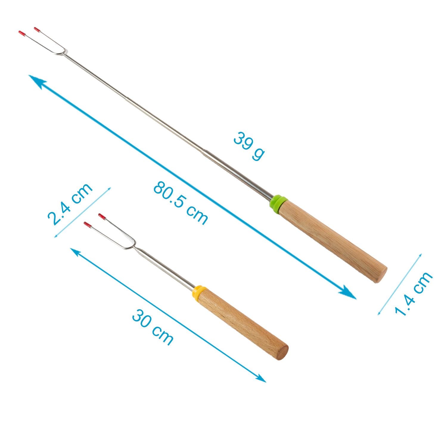 Intirilife 8x Grillspieße aus Edelstahl mit Aufbewahrungstasche - 30 bis 80.5 cm ausziehbare Grillgabel, Schaschlikspieß, Fleischspieß in 8 Farben für Grillgut, Marshmallows, Stockbrot