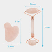 Lade das Bild in den Galerie-Viewer, Intirilife 3-teiliges Gua Sha Gesichtsmassage Set Gesichtsroller aus natürlichen Rosenquarz - Gua Sha 8 x 5.4 cm - Roller 14 x 5.8 cm - Warm und Kalt anwendbar, Hautpflege für Gesicht und Augen
