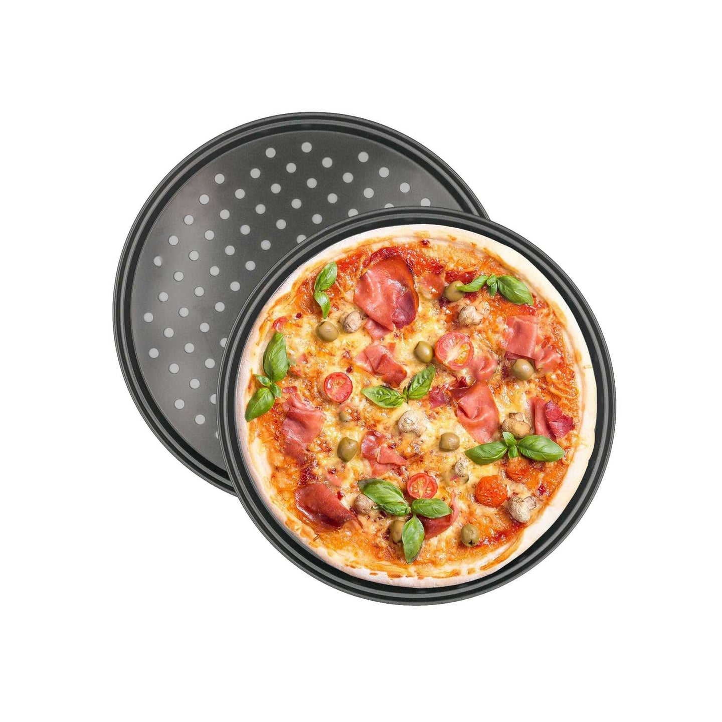 Intirilife 2x Pizzablech rund aus Karbonstahl in Schwarz - 32 x 1.5 cm - Rundes Backblech für Pizza Flammkuchen, Knusperblech gelocht antihaft