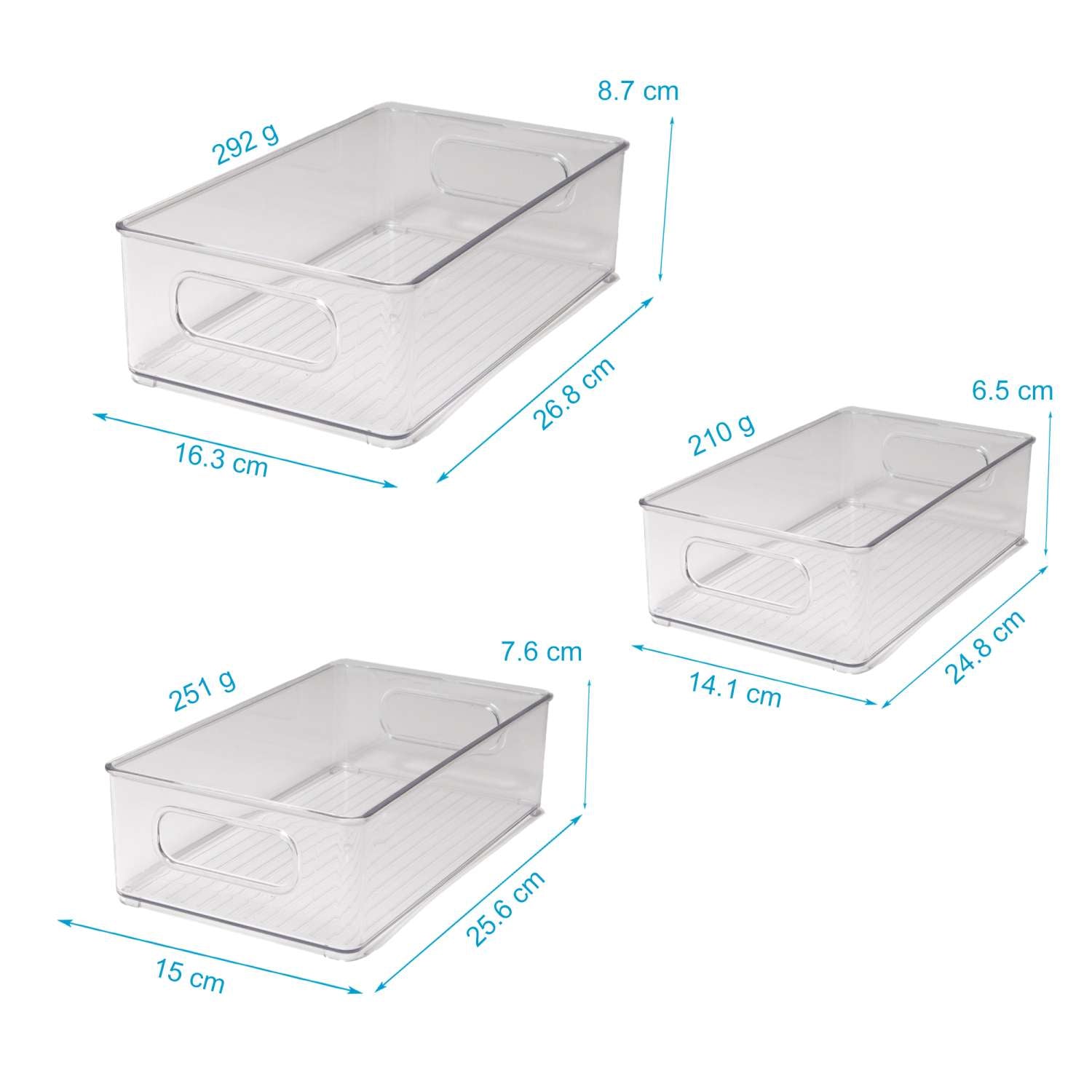 Intirilife 6-teiliges Kühlschrank Boxen Set Durchsichtige Vorratsschrank Organizer - 24.8 x 14.1 x 6.5 / 25.6 x 15 x 8.7 / 26.8 x 16.3 x 8.7 cm - Aufbewahrungs Korb Box für Küche Schränke Speisekammer