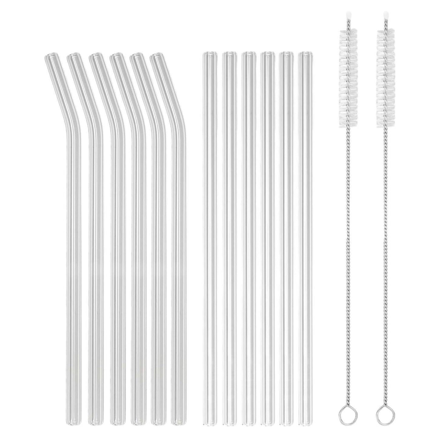 Intirilife 15-teiliges Strohhalm Set aus Glas - 20 x 0.8 cm - Wiederverwendbares Trinkhalm Set mit 6 geraden und 6 gebogenen Strohhalmen, 2 Bürsten und Aufbewahrungstasche