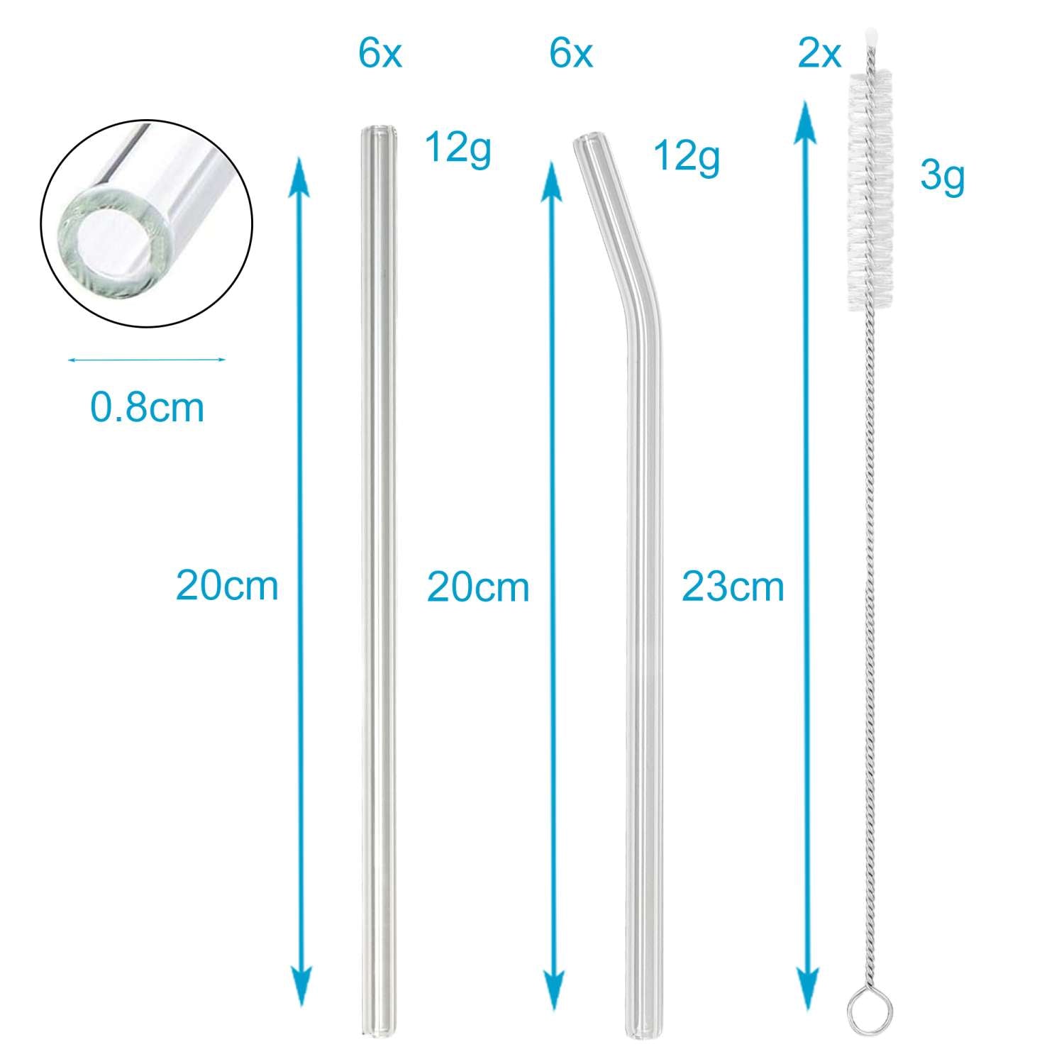Intirilife 15-teiliges Strohhalm Set aus Glas - 20 x 0.8 cm - Wiederverwendbares Trinkhalm Set mit 12 gebogenen Strohhalmen, 2 Bürsten und Aufbewahrungstasche