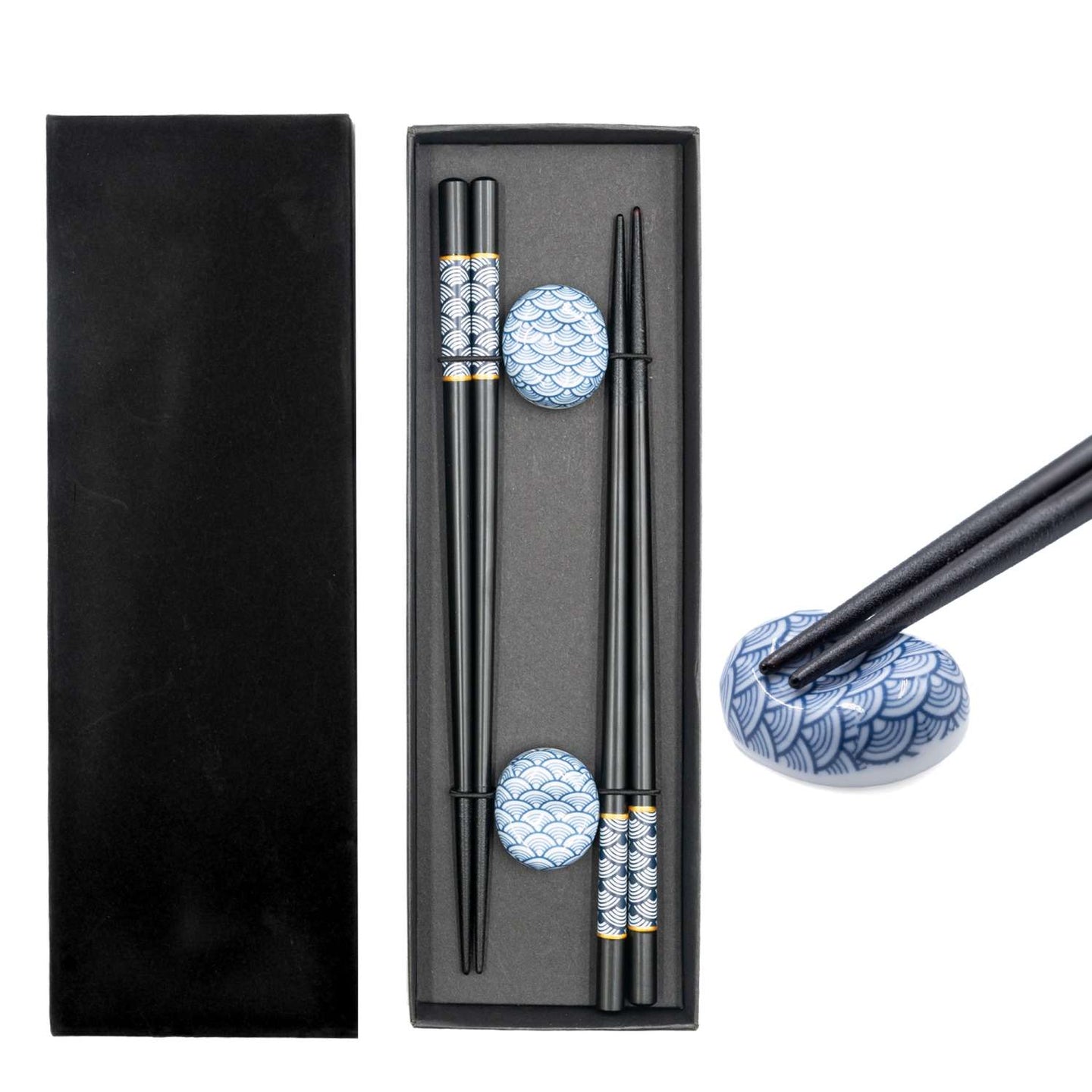 Intirilife Essstäbchen Set in Schwarz mit blauem Fächermuster - 2 Paar Stäbchen 22.7 cm Länge mit 2 Stäbchenhalter 3.5x2.8x1.4 cm - Wiederverwendbare Sushi Essstäbchen Chinesische Japanische Stäbchen