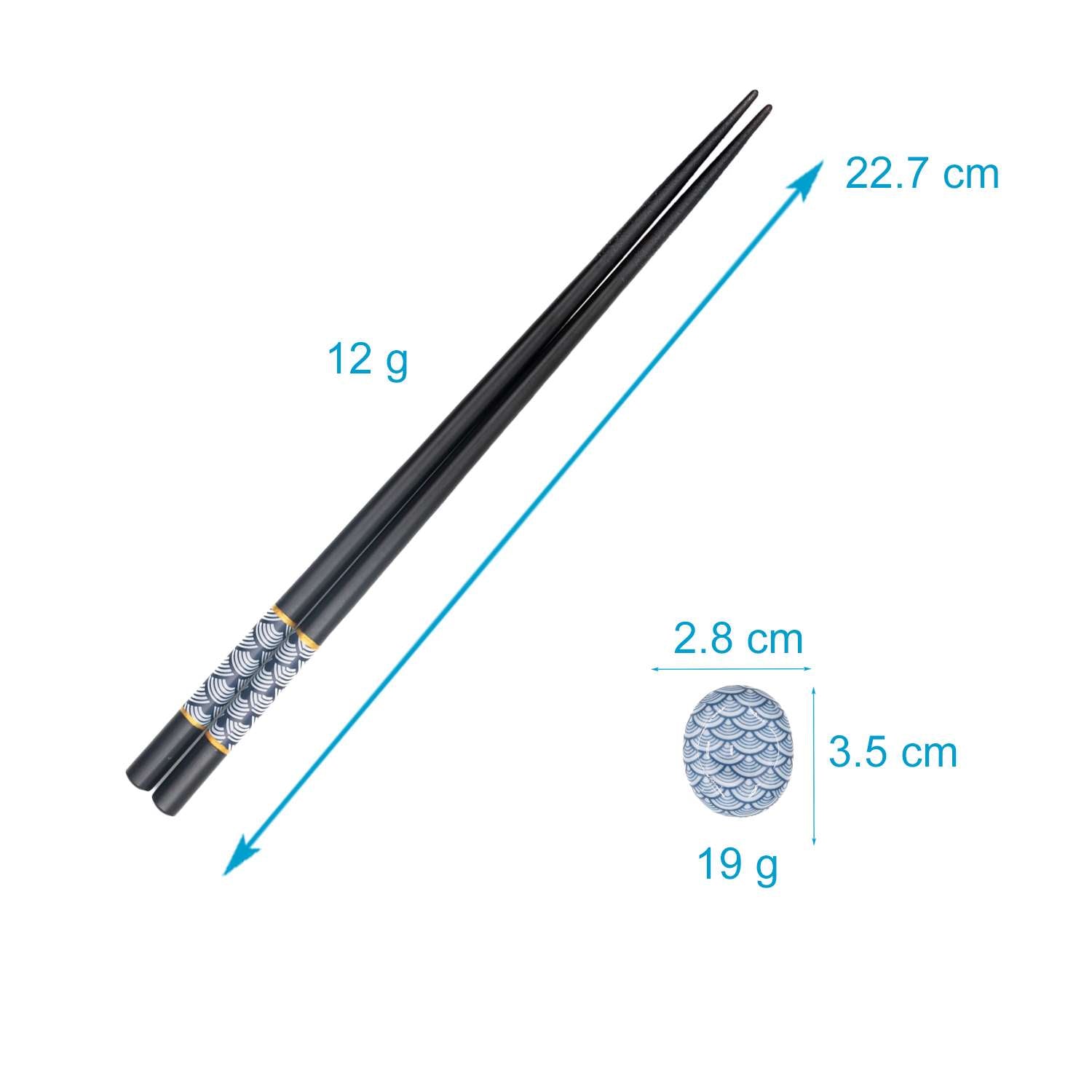 Intirilife Essstäbchen Set in Schwarz mit blauem Fächermuster - 2 Paar Stäbchen 22.7 cm Länge mit 2 Stäbchenhalter 3.5x2.8x1.4 cm - Wiederverwendbare Sushi Essstäbchen Chinesische Japanische Stäbchen